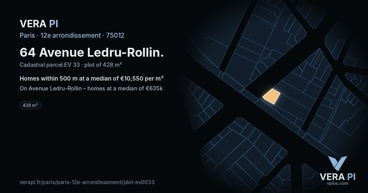 64 Avenue Ledru-Rollin, 12e arrondissement at night – the plot lit, the parcels around coloured by the prices near them