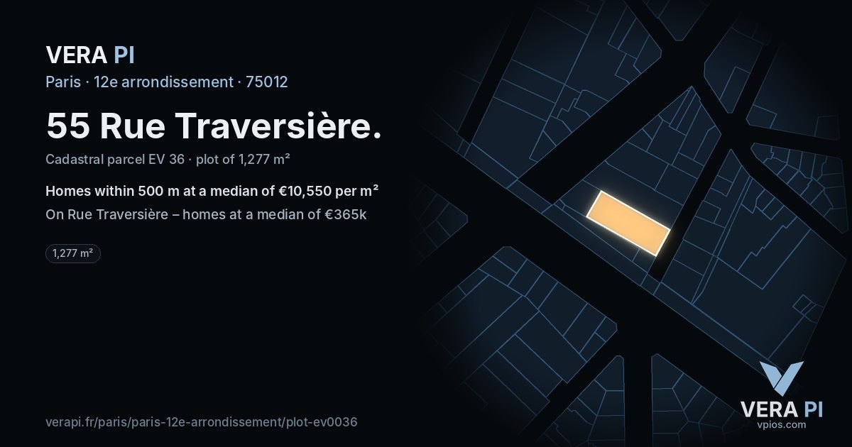 55 Rue Traversière, 12e arrondissement at night – the plot lit, the parcels around coloured by the prices near them