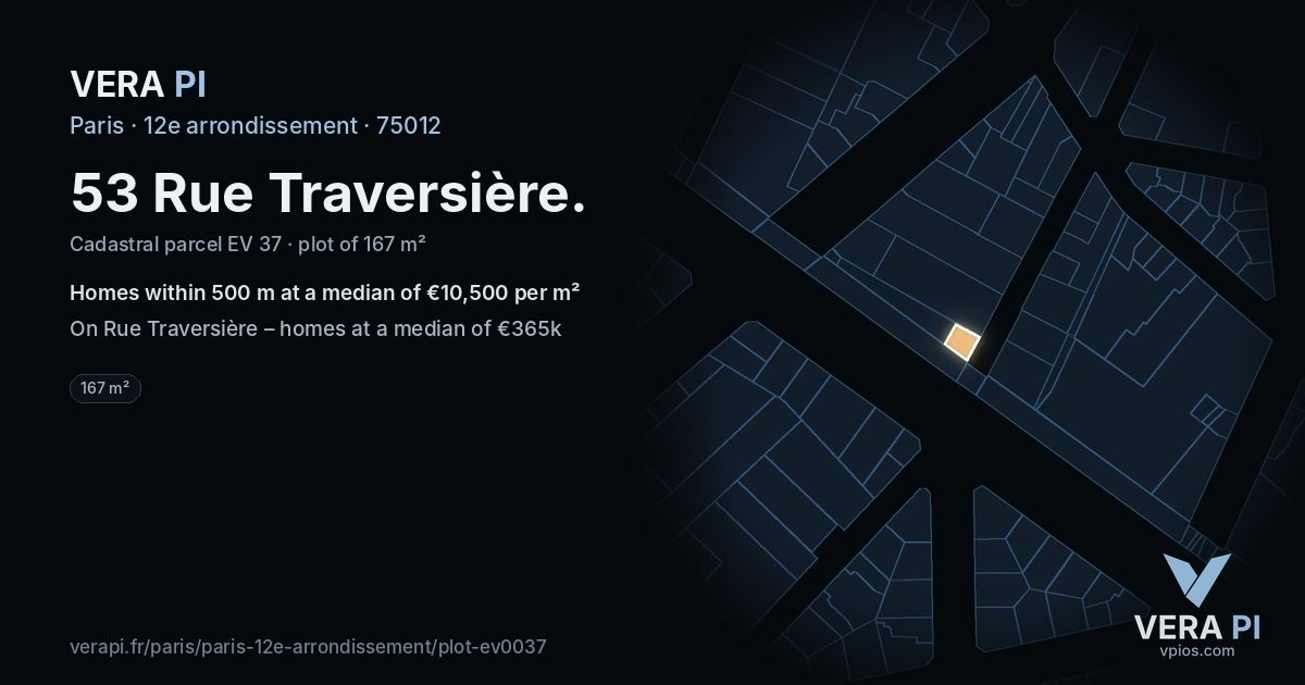 53 Rue Traversière, 12e arrondissement at night – the plot lit, the parcels around coloured by the prices near them