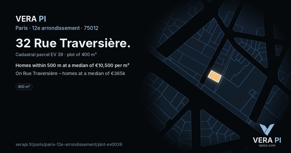 32 Rue Traversière, 12e arrondissement at night – the plot lit, the parcels around coloured by the prices near them