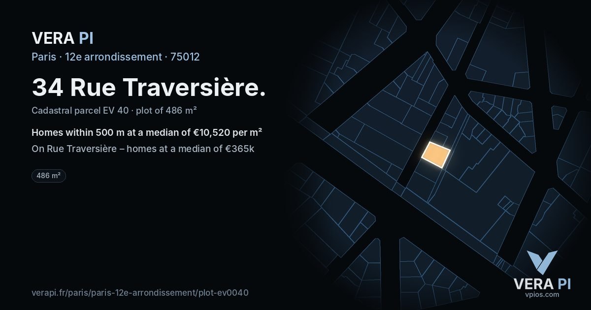 34 Rue Traversière, 12e arrondissement at night – the plot lit, the parcels around coloured by the prices near them
