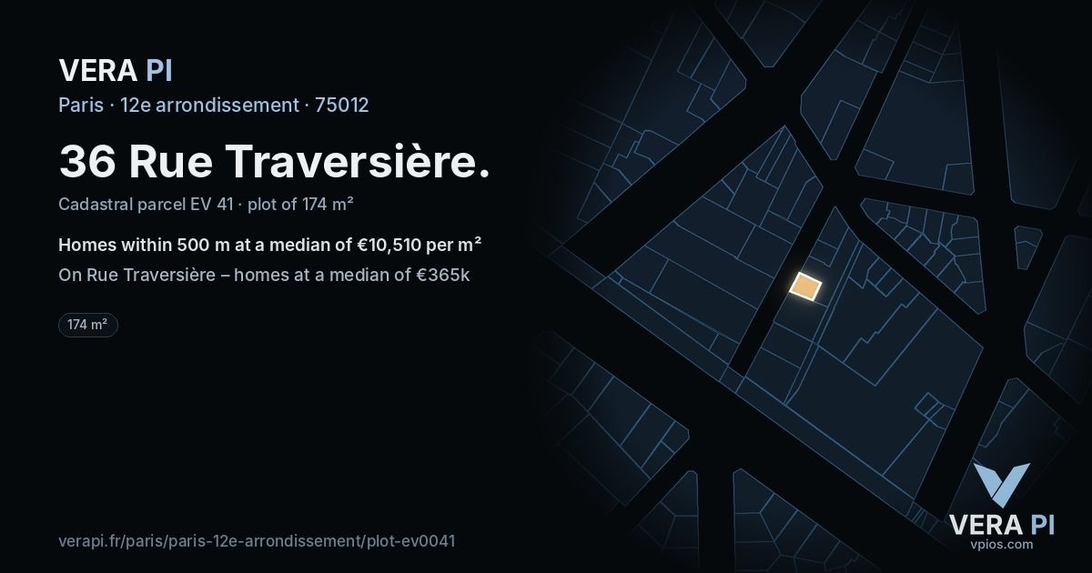 36 Rue Traversière, 12e arrondissement at night – the plot lit, the parcels around coloured by the prices near them