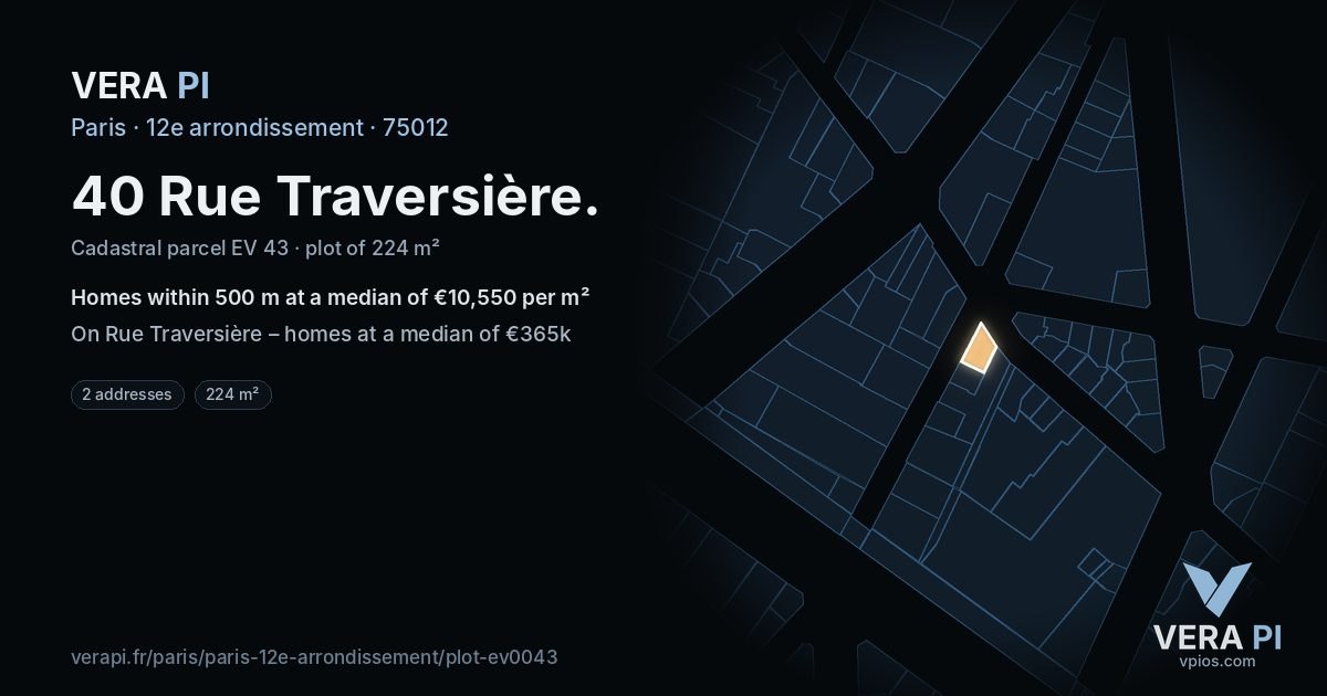 40 Rue Traversière, 12e arrondissement at night – the plot lit, the parcels around coloured by the prices near them