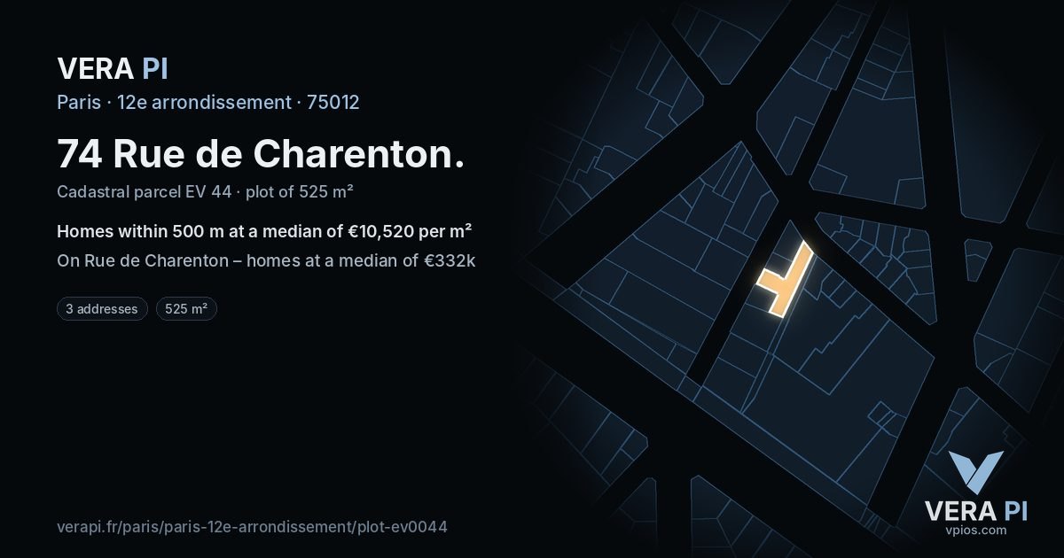 74 Rue de Charenton, 12e arrondissement at night – the plot lit, the parcels around coloured by the prices near them