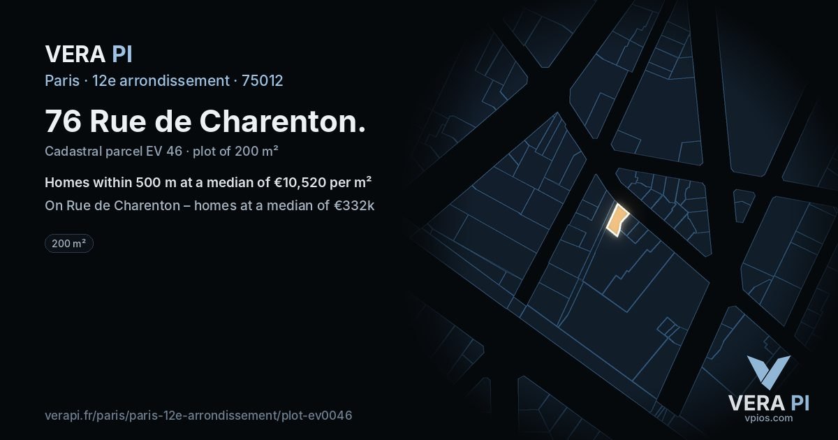 76 Rue de Charenton, 12e arrondissement at night – the plot lit, the parcels around coloured by the prices near them