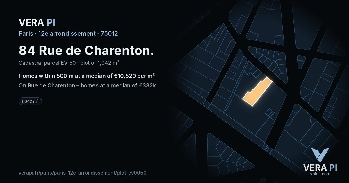 84 Rue de Charenton, 12e arrondissement at night – the plot lit, the parcels around coloured by the prices near them