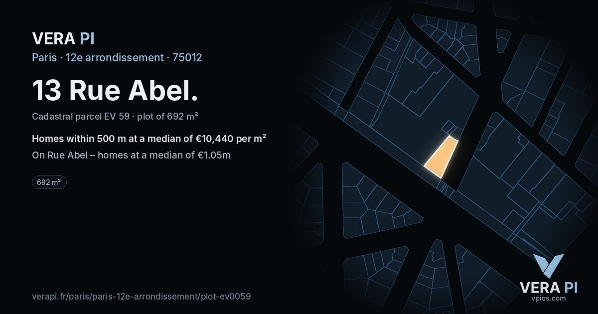 13 Rue Abel, 12e arrondissement at night – the plot lit, the parcels around coloured by the prices near them