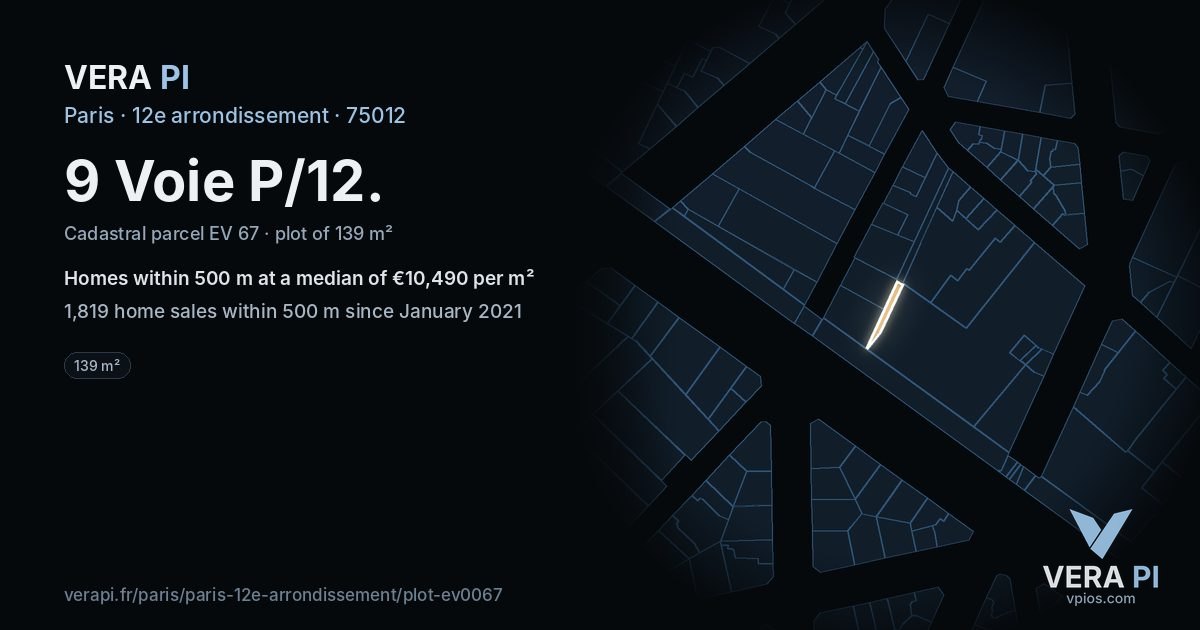 9 Voie P/12, 12e arrondissement at night – the plot lit, the parcels around coloured by the prices near them