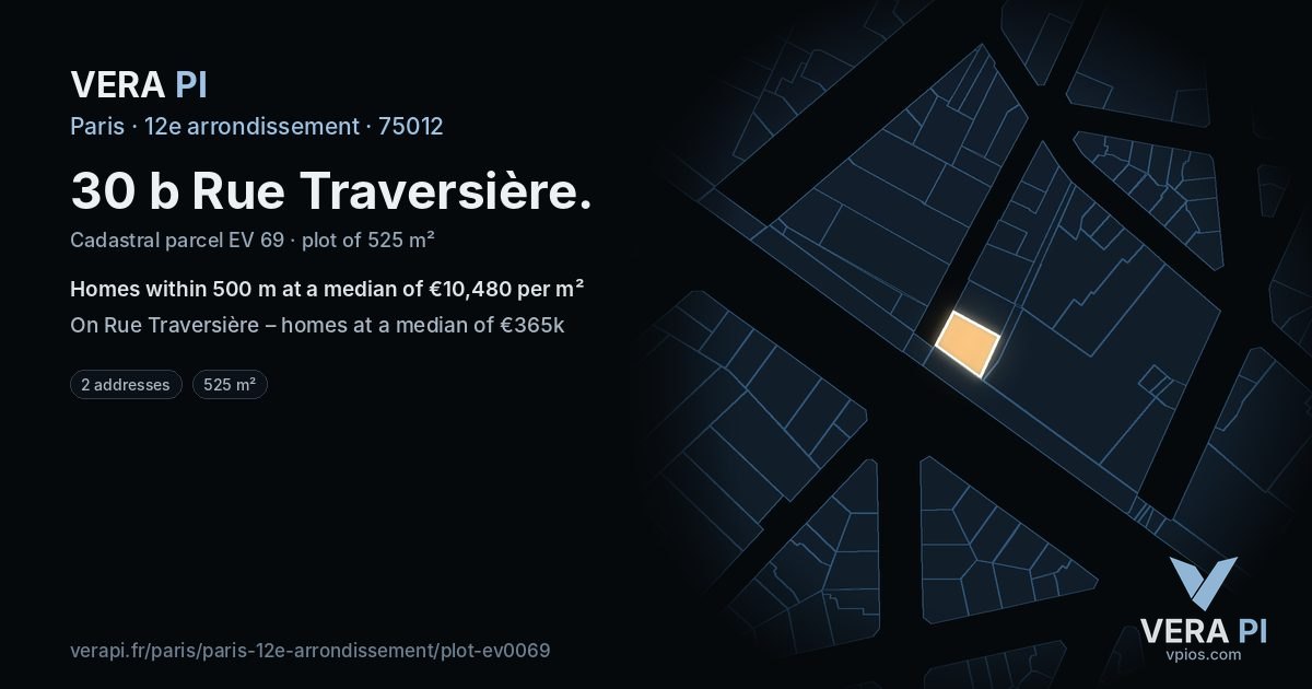 30 b Rue Traversière, 12e arrondissement at night – the plot lit, the parcels around coloured by the prices near them