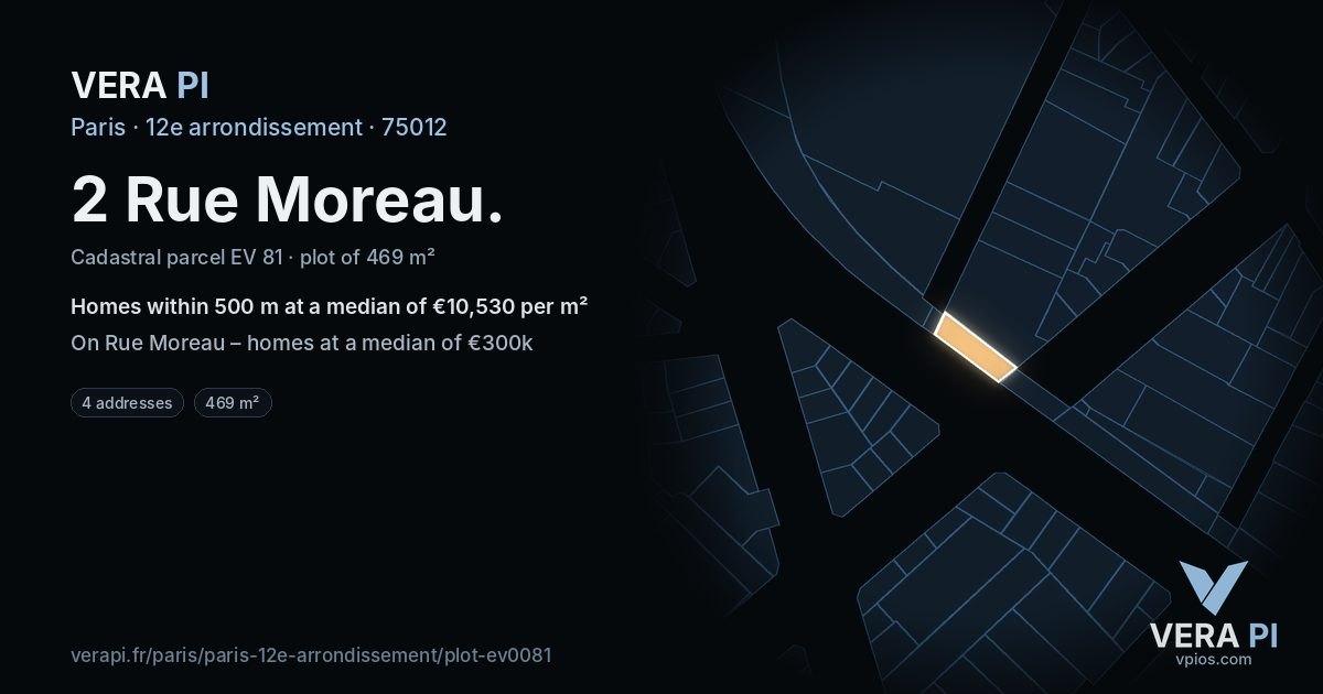 2 Rue Moreau, 12e arrondissement at night – the plot lit, the parcels around coloured by the prices near them