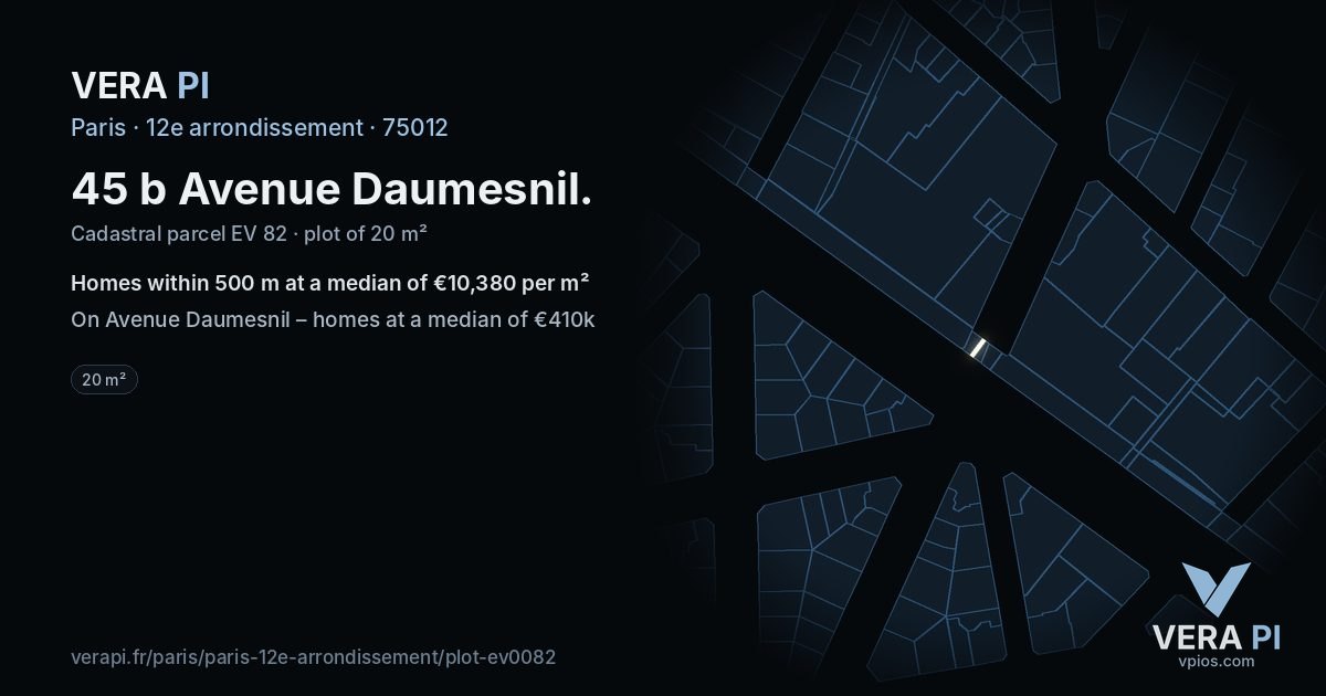 45 b Avenue Daumesnil, 12e arrondissement at night – the plot lit, the parcels around coloured by the prices near them