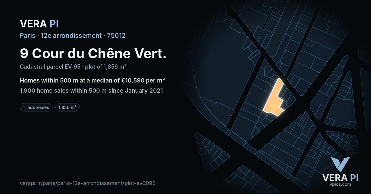 9 Cour du Chêne Vert, 12e arrondissement at night – the plot lit, the parcels around coloured by the prices near them