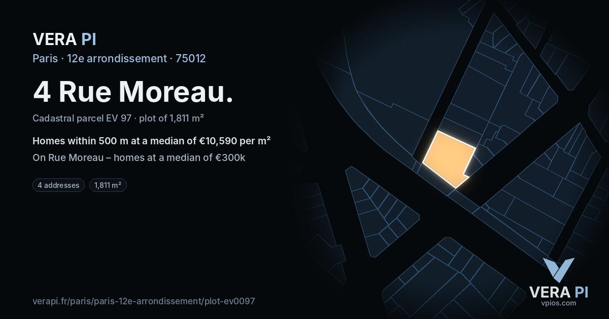 4 Rue Moreau, 12e arrondissement at night – the plot lit, the parcels around coloured by the prices near them