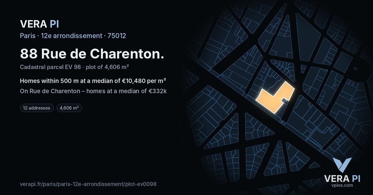 88 Rue de Charenton, 12e arrondissement at night – the plot lit, the parcels around coloured by the prices near them
