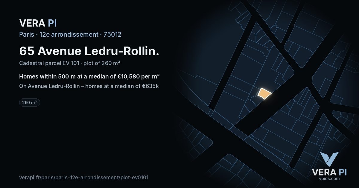 65 Avenue Ledru-Rollin, 12e arrondissement at night – the plot lit, the parcels around coloured by the prices near them