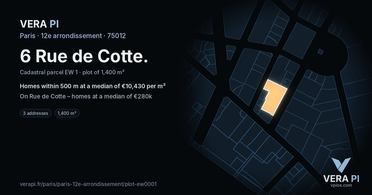 6 Rue de Cotte, 12e arrondissement at night – the plot lit, the parcels around coloured by the prices near them