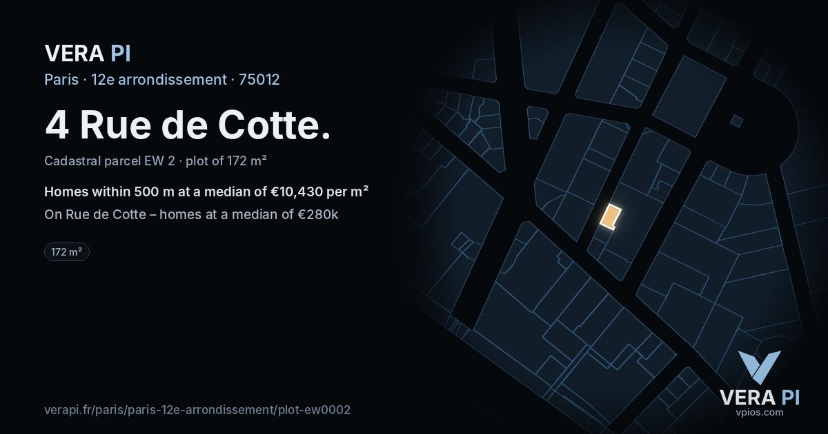 4 Rue de Cotte, 12e arrondissement at night – the plot lit, the parcels around coloured by the prices near them