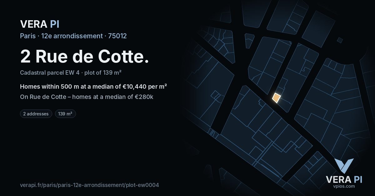 2 Rue de Cotte, 12e arrondissement at night – the plot lit, the parcels around coloured by the prices near them