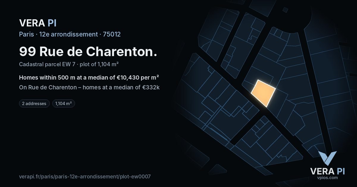 99 Rue de Charenton, 12e arrondissement at night – the plot lit, the parcels around coloured by the prices near them