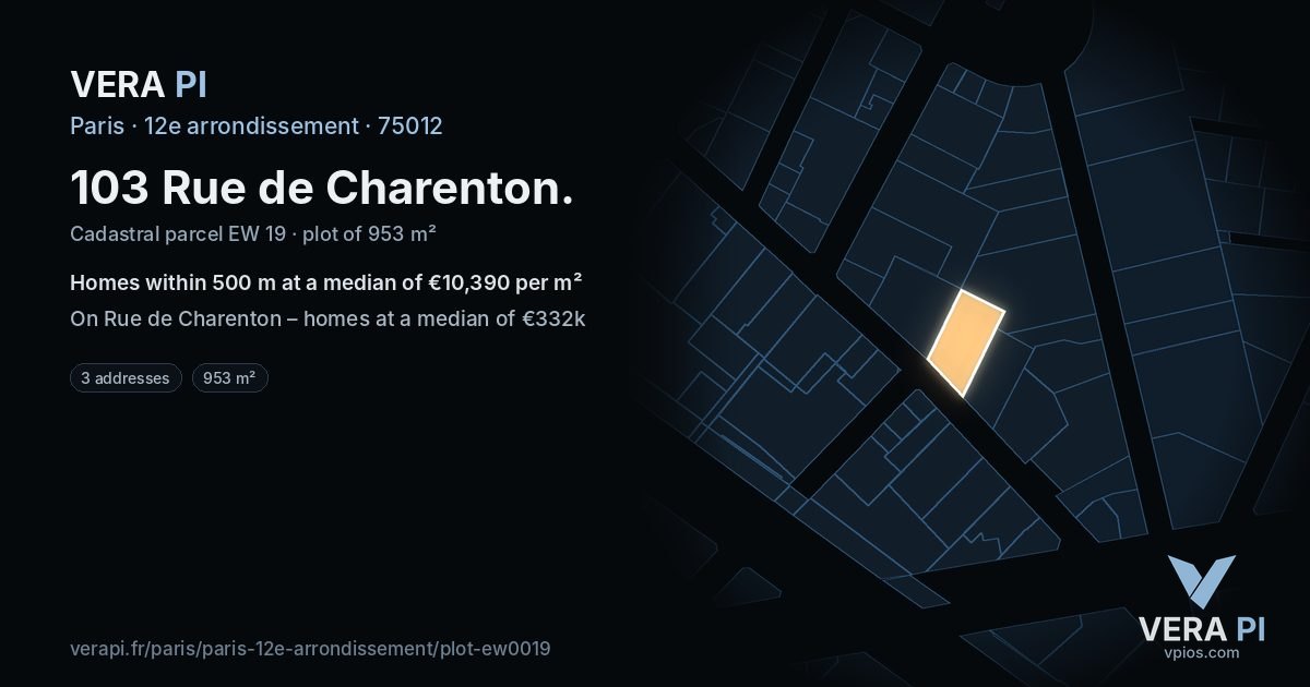 103 Rue de Charenton, 12e arrondissement at night – the plot lit, the parcels around coloured by the prices near them