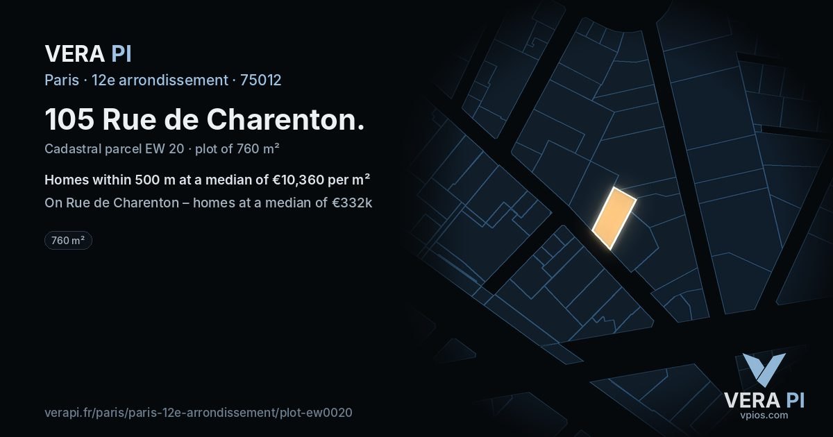105 Rue de Charenton, 12e arrondissement at night – the plot lit, the parcels around coloured by the prices near them