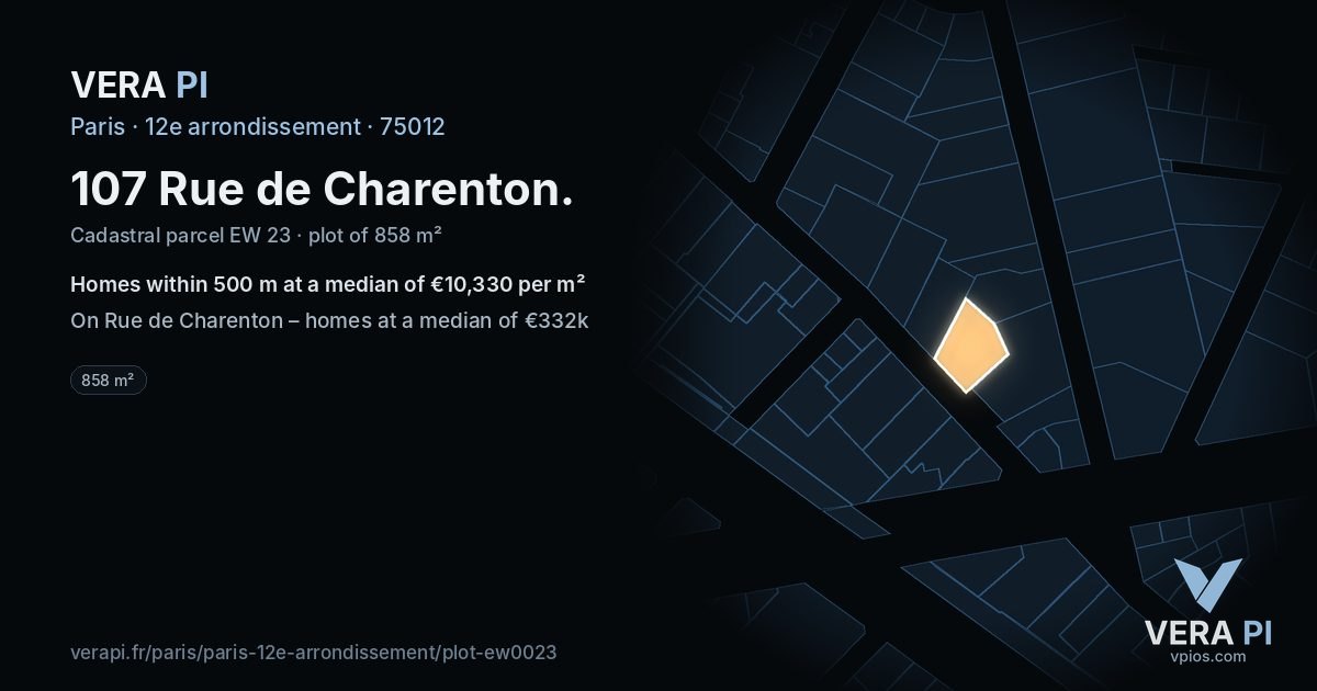 107 Rue de Charenton, 12e arrondissement at night – the plot lit, the parcels around coloured by the prices near them