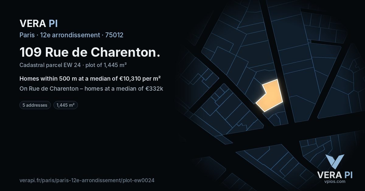 109 Rue de Charenton, 12e arrondissement at night – the plot lit, the parcels around coloured by the prices near them