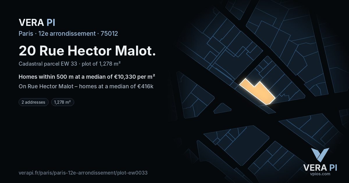 20 Rue Hector Malot, 12e arrondissement at night – the plot lit, the parcels around coloured by the prices near them