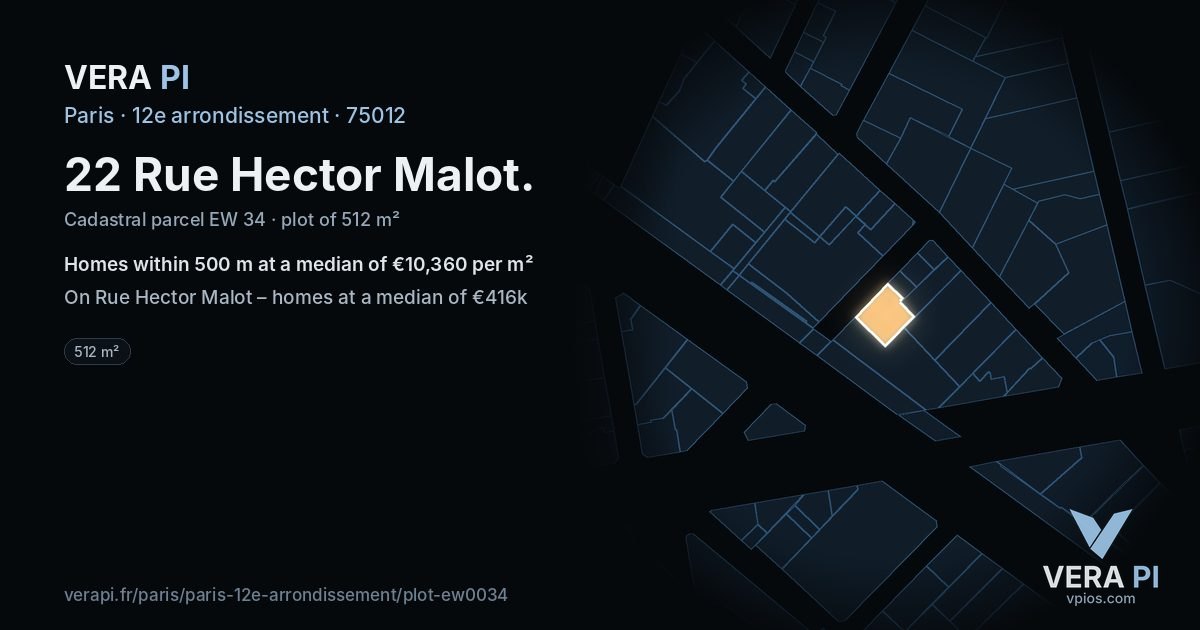 22 Rue Hector Malot, 12e arrondissement at night – the plot lit, the parcels around coloured by the prices near them