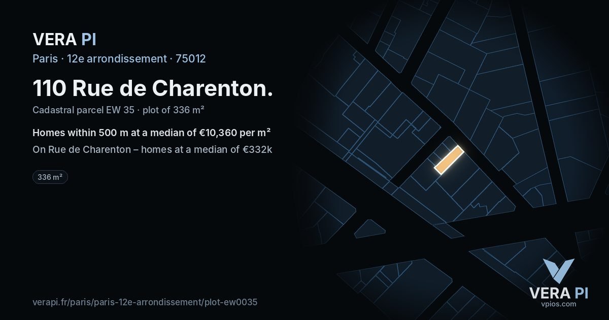 110 Rue de Charenton, 12e arrondissement at night – the plot lit, the parcels around coloured by the prices near them