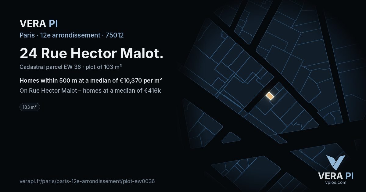 24 Rue Hector Malot, 12e arrondissement at night – the plot lit, the parcels around coloured by the prices near them