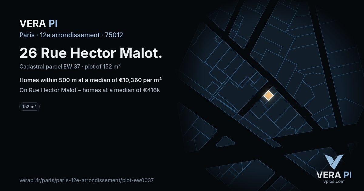 26 Rue Hector Malot, 12e arrondissement at night – the plot lit, the parcels around coloured by the prices near them