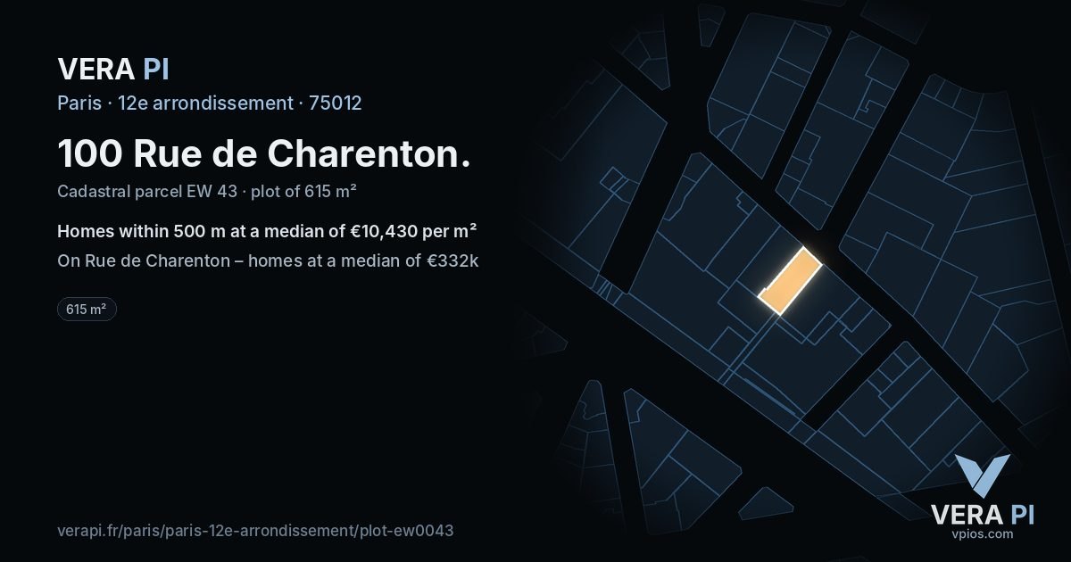 100 Rue de Charenton, 12e arrondissement at night – the plot lit, the parcels around coloured by the prices near them