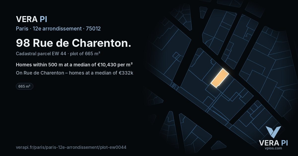 98 Rue de Charenton, 12e arrondissement at night – the plot lit, the parcels around coloured by the prices near them