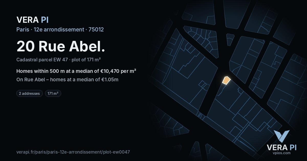 20 Rue Abel, 12e arrondissement at night – the plot lit, the parcels around coloured by the prices near them