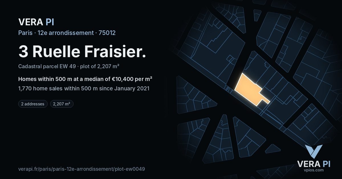 3 Ruelle Fraisier, 12e arrondissement at night – the plot lit, the parcels around coloured by the prices near them