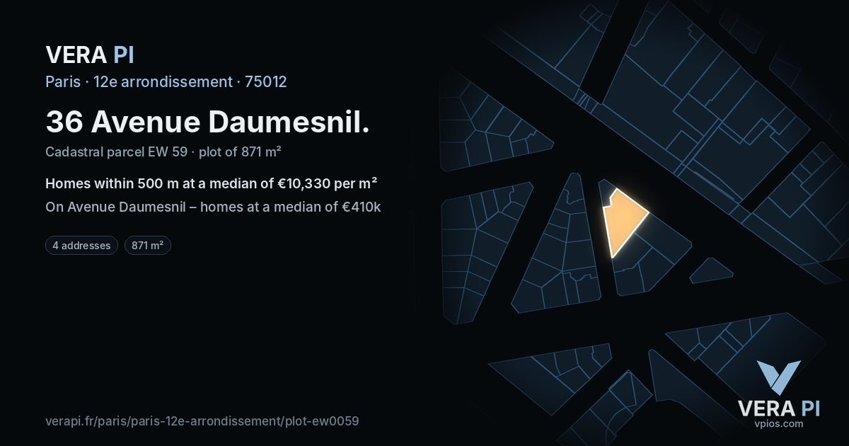 36 Avenue Daumesnil, 12e arrondissement at night – the plot lit, the parcels around coloured by the prices near them