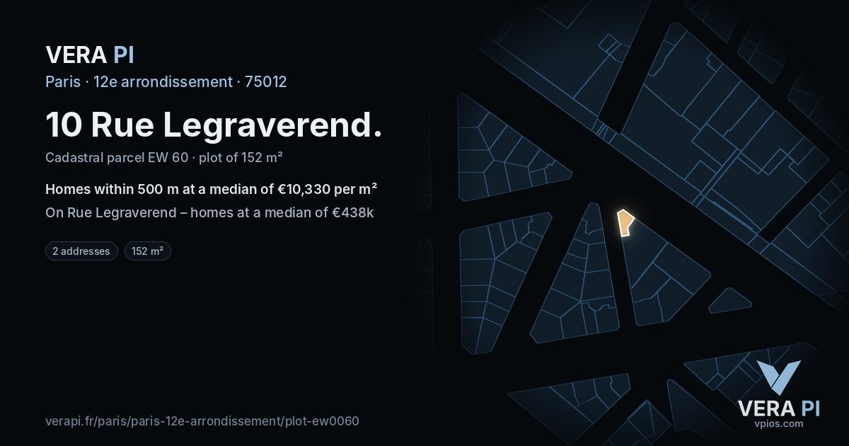 10 Rue Legraverend, 12e arrondissement at night – the plot lit, the parcels around coloured by the prices near them