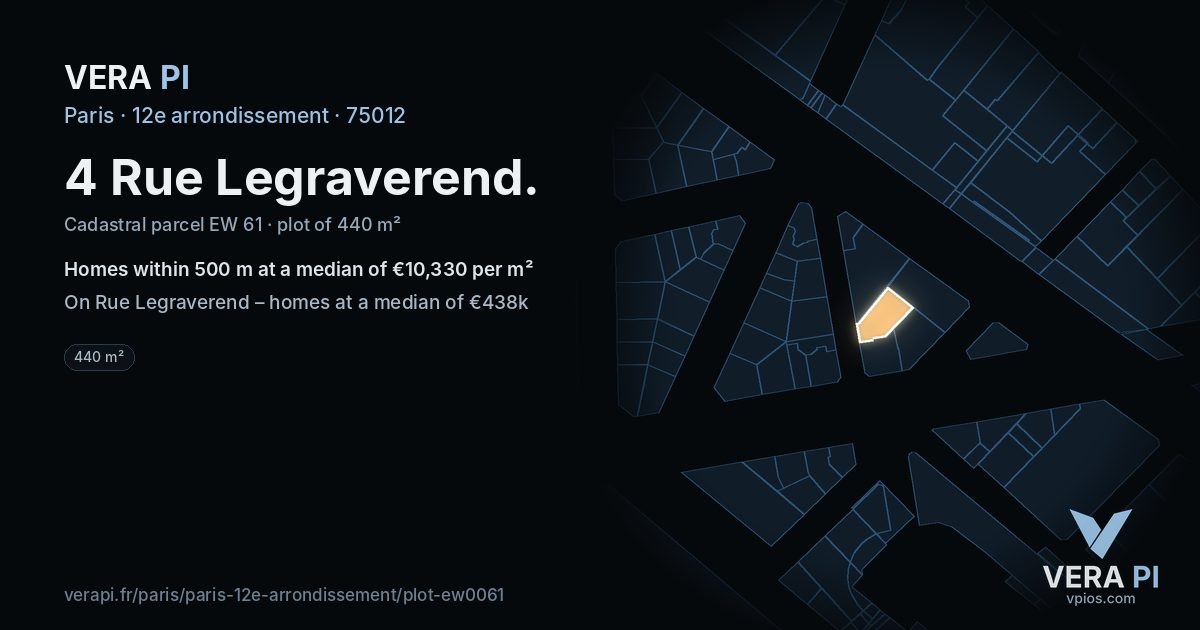 4 Rue Legraverend, 12e arrondissement at night – the plot lit, the parcels around coloured by the prices near them