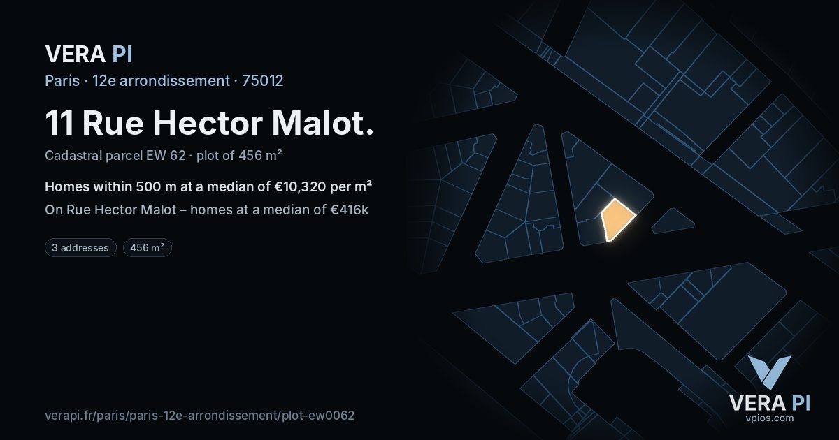 11 Rue Hector Malot, 12e arrondissement at night – the plot lit, the parcels around coloured by the prices near them