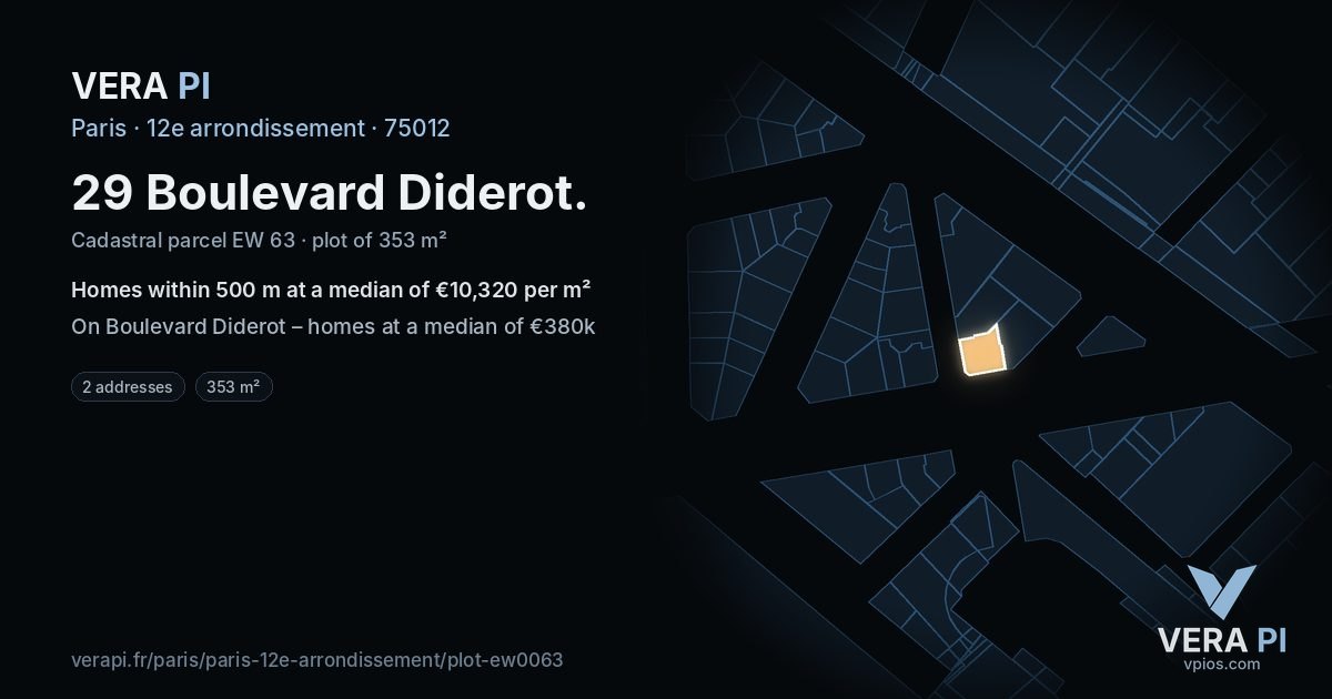 29 Boulevard Diderot, 12e arrondissement at night – the plot lit, the parcels around coloured by the prices near them