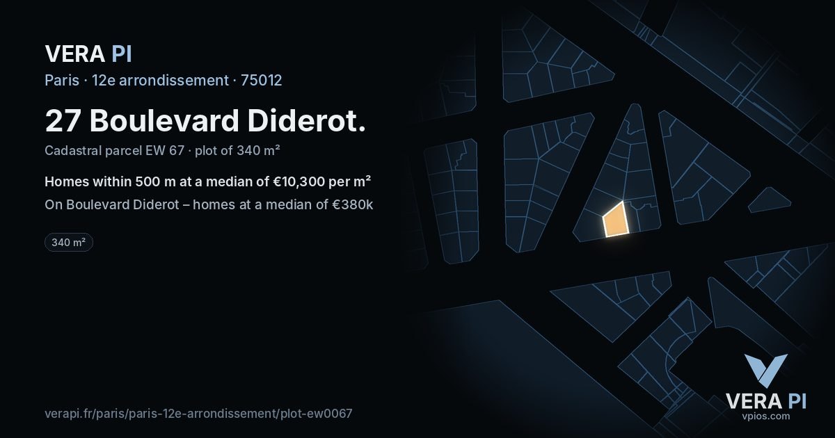 27 Boulevard Diderot, 12e arrondissement at night – the plot lit, the parcels around coloured by the prices near them