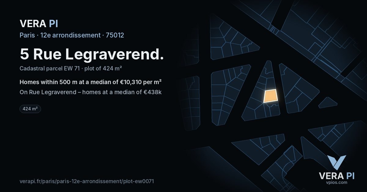 5 Rue Legraverend, 12e arrondissement at night – the plot lit, the parcels around coloured by the prices near them