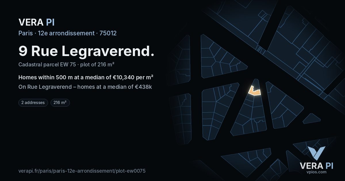 9 Rue Legraverend, 12e arrondissement at night – the plot lit, the parcels around coloured by the prices near them