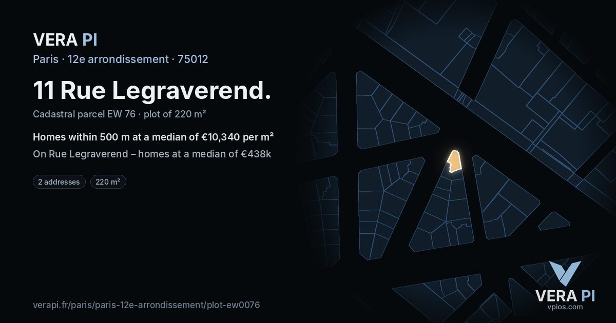 11 Rue Legraverend, 12e arrondissement at night – the plot lit, the parcels around coloured by the prices near them