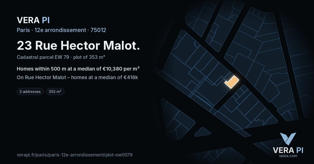 23 Rue Hector Malot, 12e arrondissement at night – the plot lit, the parcels around coloured by the prices near them