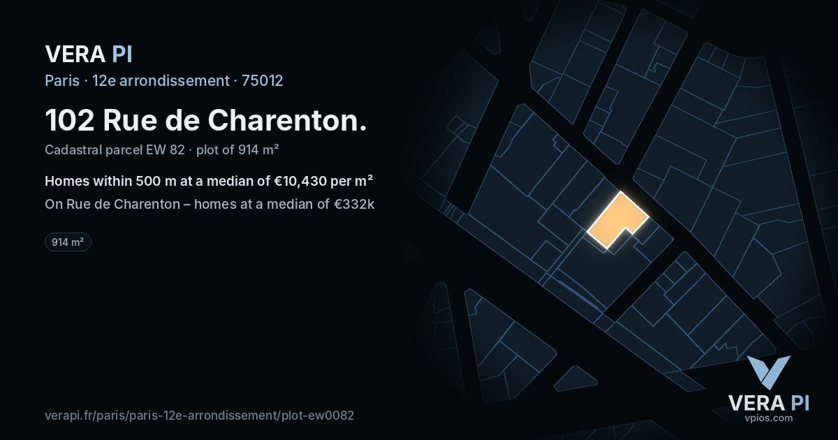 102 Rue de Charenton, 12e arrondissement at night – the plot lit, the parcels around coloured by the prices near them