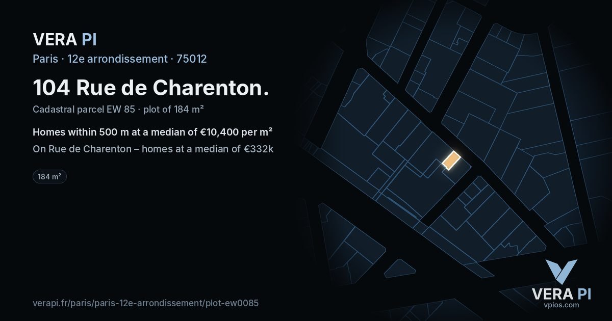 104 Rue de Charenton, 12e arrondissement at night – the plot lit, the parcels around coloured by the prices near them