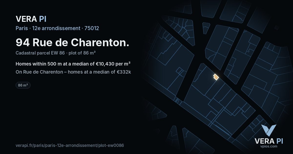 94 Rue de Charenton, 12e arrondissement at night – the plot lit, the parcels around coloured by the prices near them