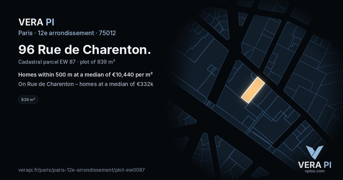 96 Rue de Charenton, 12e arrondissement at night – the plot lit, the parcels around coloured by the prices near them